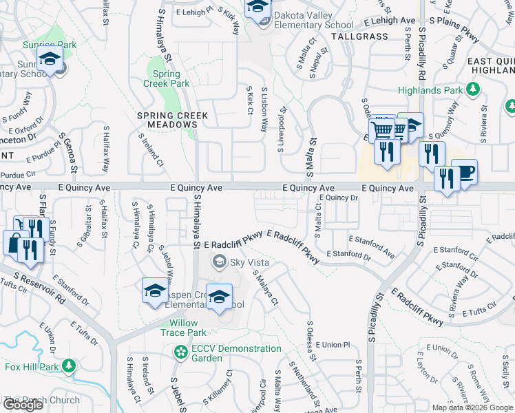 map of restaurants, bars, coffee shops, grocery stores, and more near 20901 East Quincy Place in Aurora