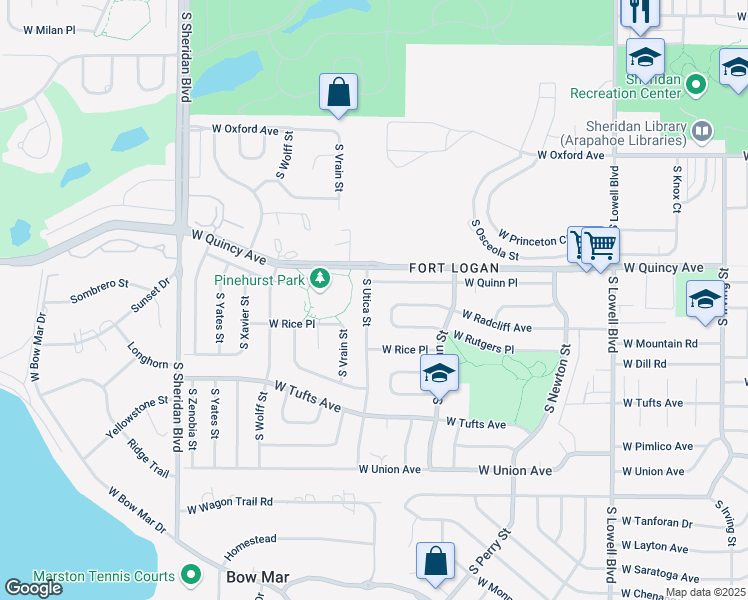 map of restaurants, bars, coffee shops, grocery stores, and more near 4360 South Utica Street in Denver