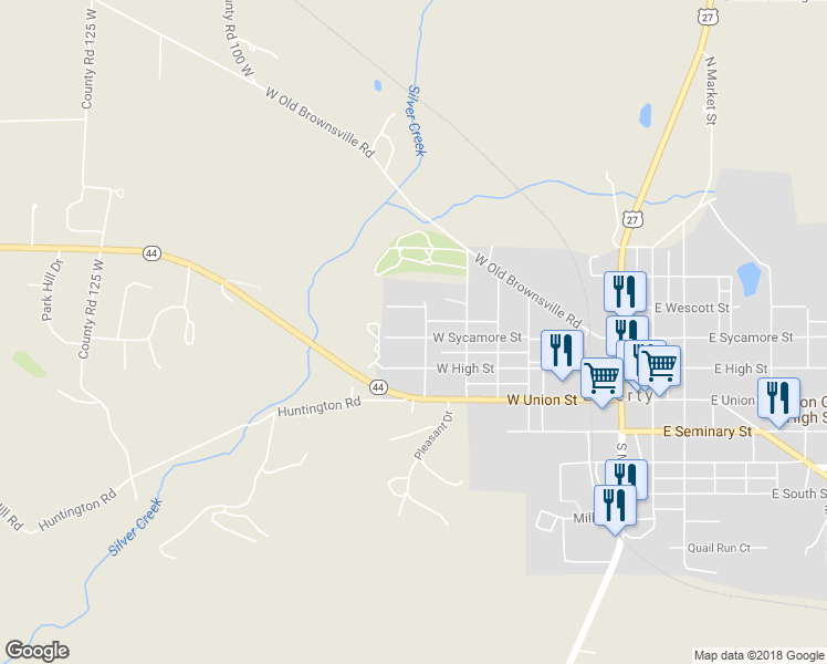 map of restaurants, bars, coffee shops, grocery stores, and more near 603 West Sycamore Street in Liberty