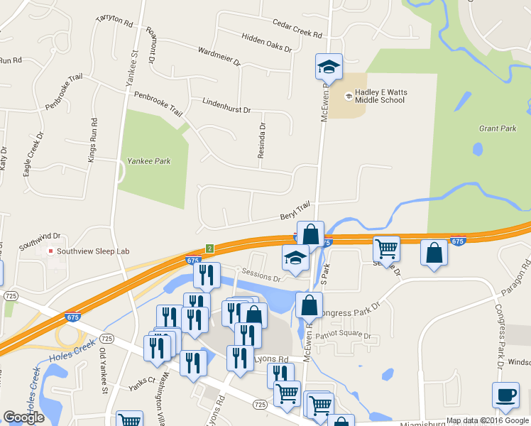 map of restaurants, bars, coffee shops, grocery stores, and more near 1059 Beryl Trail in Dayton
