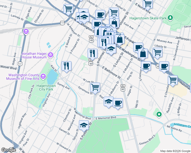 map of restaurants, bars, coffee shops, grocery stores, and more near 255 South Potomac Street in Hagerstown