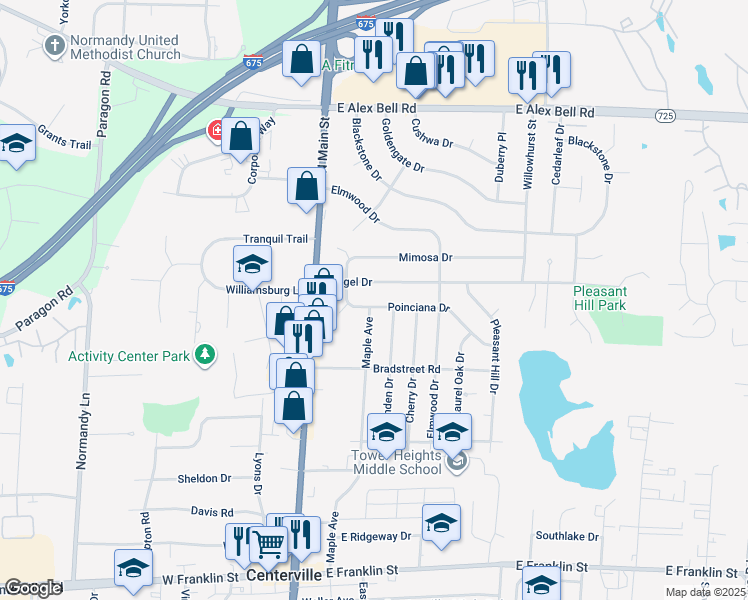 map of restaurants, bars, coffee shops, grocery stores, and more near 65 Poinciana Drive in Dayton