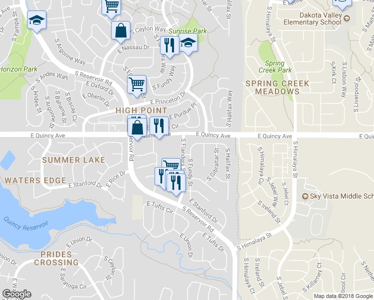 map of restaurants, bars, coffee shops, grocery stores, and more near 19623 East Quincy Place in Centennial