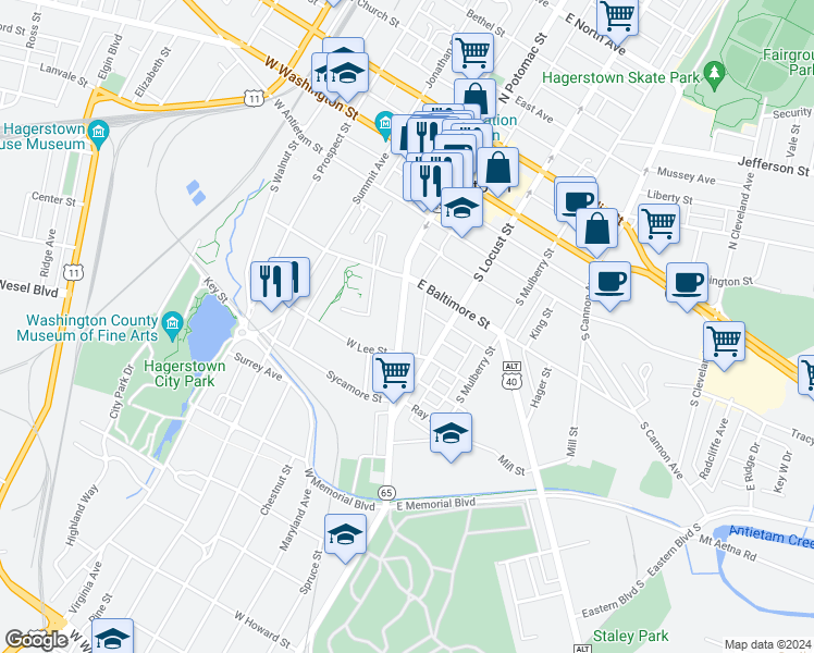 map of restaurants, bars, coffee shops, grocery stores, and more near 254 South Potomac Street in Hagerstown