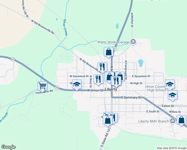 map of restaurants, bars, coffee shops, grocery stores, and more near 207 North West Street in Liberty