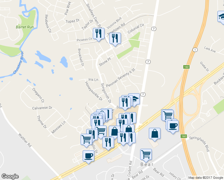 map of restaurants, bars, coffee shops, grocery stores, and more near 2307 Milton Place in Newark