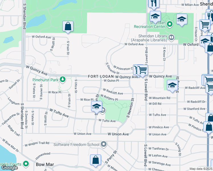 map of restaurants, bars, coffee shops, grocery stores, and more near 4022 West Quinn Place in Denver