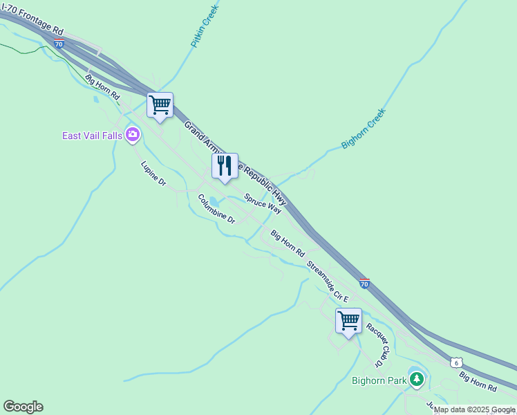 map of restaurants, bars, coffee shops, grocery stores, and more near 4295 Columbine Drive in Vail
