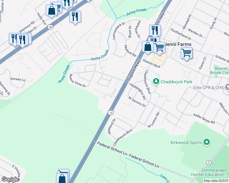 map of restaurants, bars, coffee shops, grocery stores, and more near 24 Vista Court in New Castle