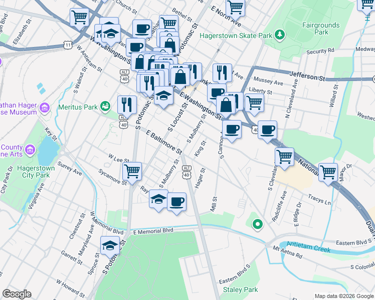 map of restaurants, bars, coffee shops, grocery stores, and more near 148 South Mulberry Street in Hagerstown