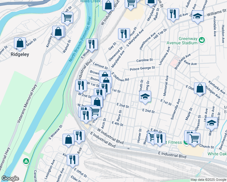 map of restaurants, bars, coffee shops, grocery stores, and more near 25 Grand Avenue in Cumberland