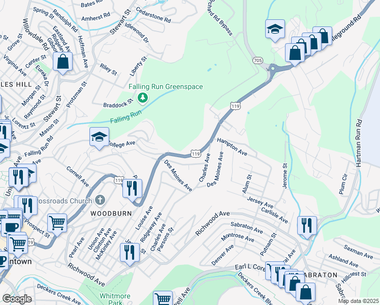 map of restaurants, bars, coffee shops, grocery stores, and more near 1443 Willey Street in Morgantown