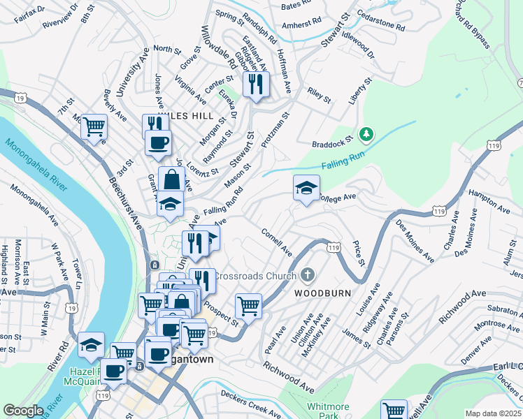 map of restaurants, bars, coffee shops, grocery stores, and more near 916 Jacobs Street in Morgantown