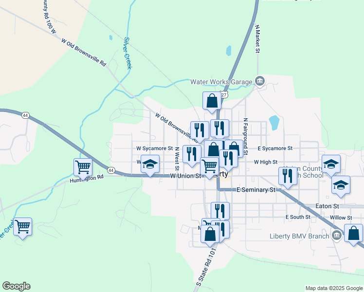 map of restaurants, bars, coffee shops, grocery stores, and more near 207 North West Street in Liberty