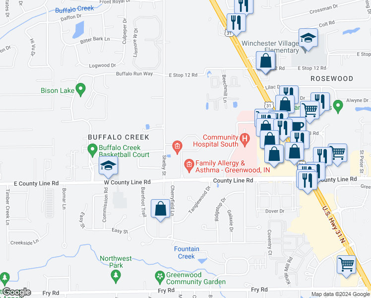 map of restaurants, bars, coffee shops, grocery stores, and more near 1212 Community Court in Indianapolis