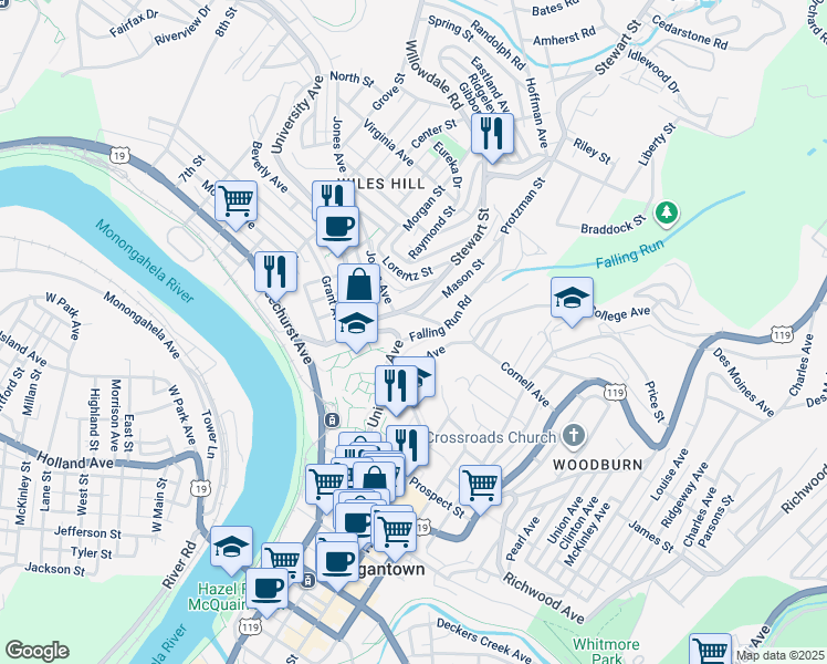 map of restaurants, bars, coffee shops, grocery stores, and more near 291 Falling Run Road in Morgantown