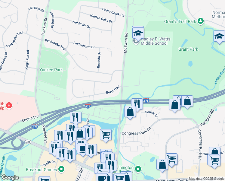 map of restaurants, bars, coffee shops, grocery stores, and more near 1029 Beryl Trail in Montgomery County