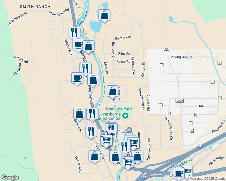 map of restaurants, bars, coffee shops, grocery stores, and more near 761 Rainbow Drive in Silverthorne