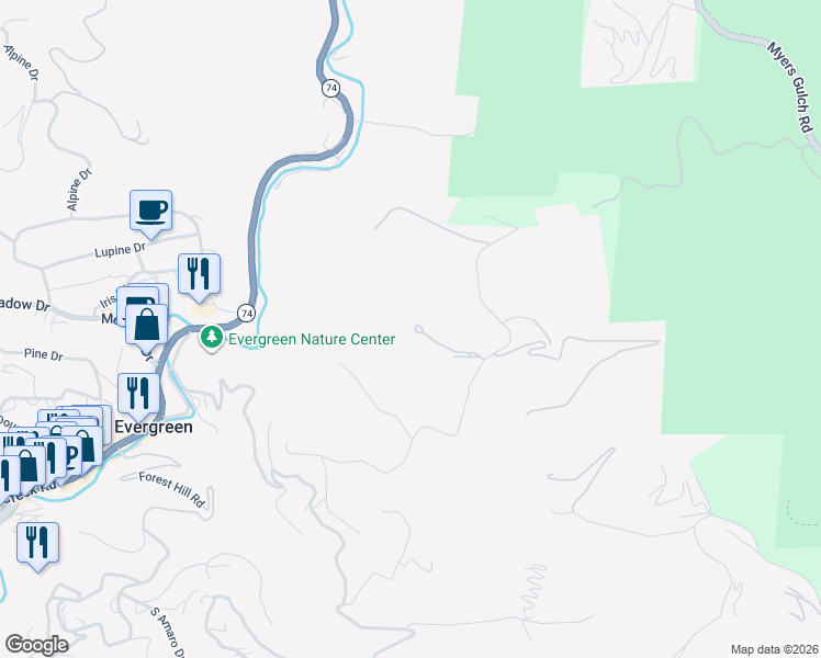 map of restaurants, bars, coffee shops, grocery stores, and more near 4331 Hilltop Road in Evergreen