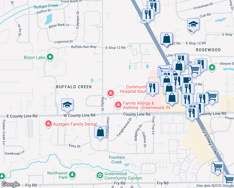 map of restaurants, bars, coffee shops, grocery stores, and more near 1212 Community Court in Indianapolis