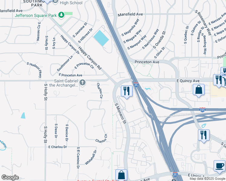 map of restaurants, bars, coffee shops, grocery stores, and more near 4301 South Monaco Street in Denver