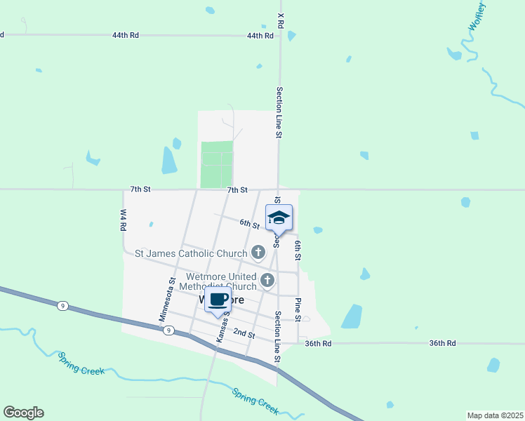 map of restaurants, bars, coffee shops, grocery stores, and more near 601-639 Kansas Street in Wetmore