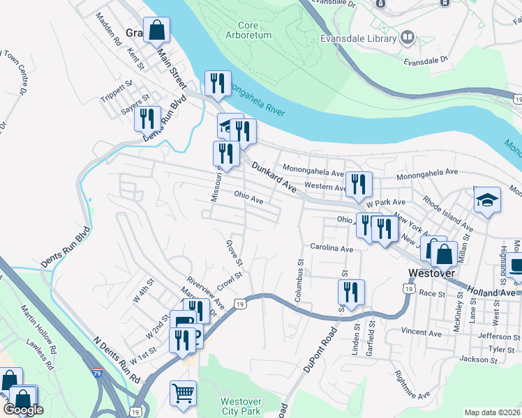 map of restaurants, bars, coffee shops, grocery stores, and more near Willis Avenue in Westover