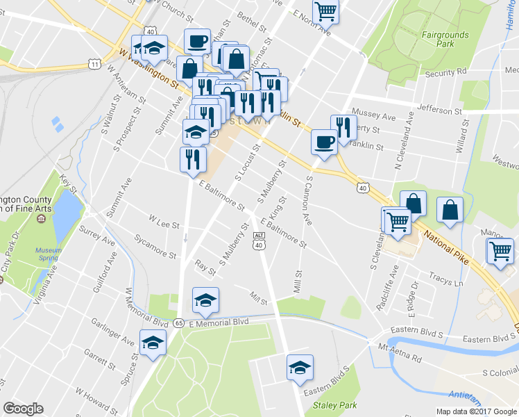 map of restaurants, bars, coffee shops, grocery stores, and more near 146 South Mulberry Street in Hagerstown