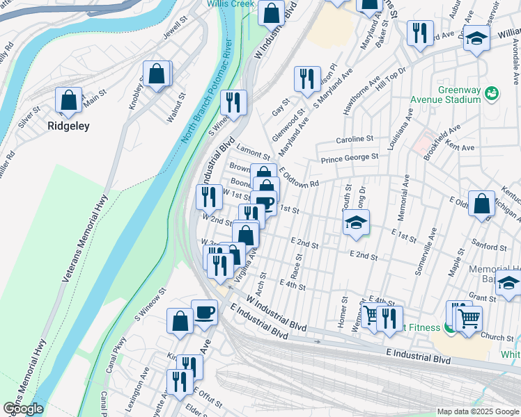 map of restaurants, bars, coffee shops, grocery stores, and more near in Cumberland