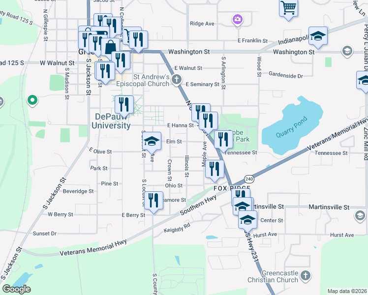 map of restaurants, bars, coffee shops, grocery stores, and more near 508 Illinois Street in Greencastle