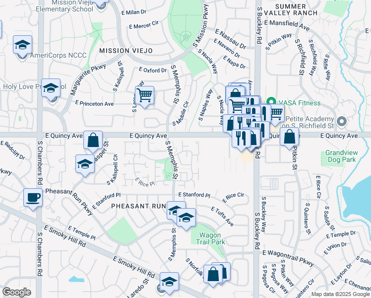 map of restaurants, bars, coffee shops, grocery stores, and more near 16369 East Radcliff Place in Aurora