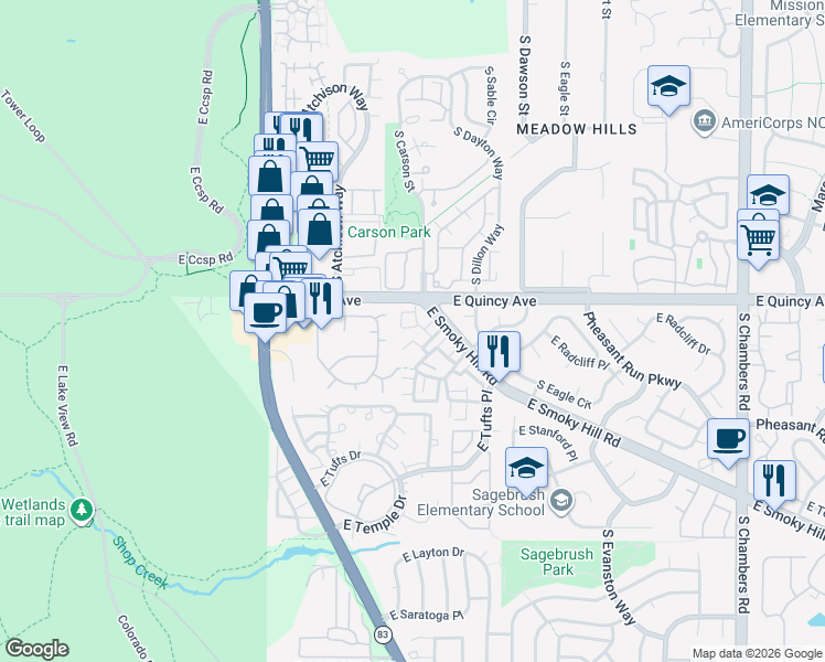 map of restaurants, bars, coffee shops, grocery stores, and more near 4391 South Billings Circle in Aurora
