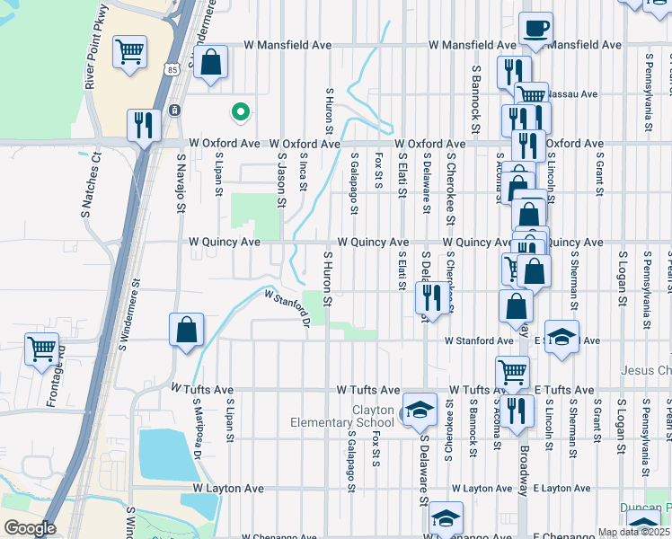 map of restaurants, bars, coffee shops, grocery stores, and more near 4350 South Huron Street in Englewood
