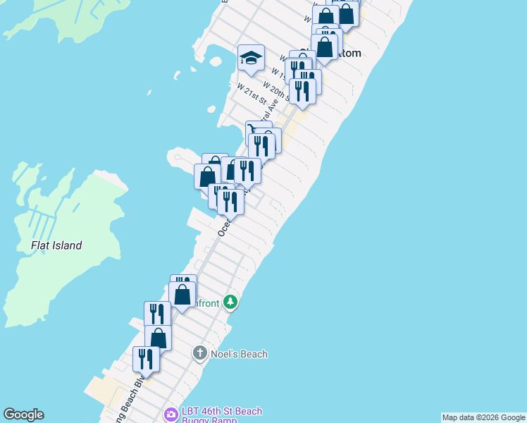map of restaurants, bars, coffee shops, grocery stores, and more near 118 East 27th Street in Ship Bottom