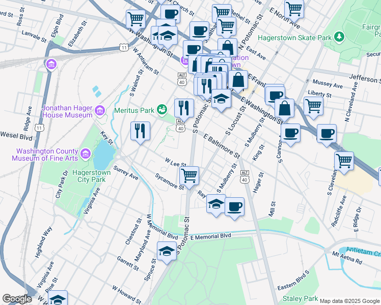 map of restaurants, bars, coffee shops, grocery stores, and more near 251 South Potomac Street in Hagerstown