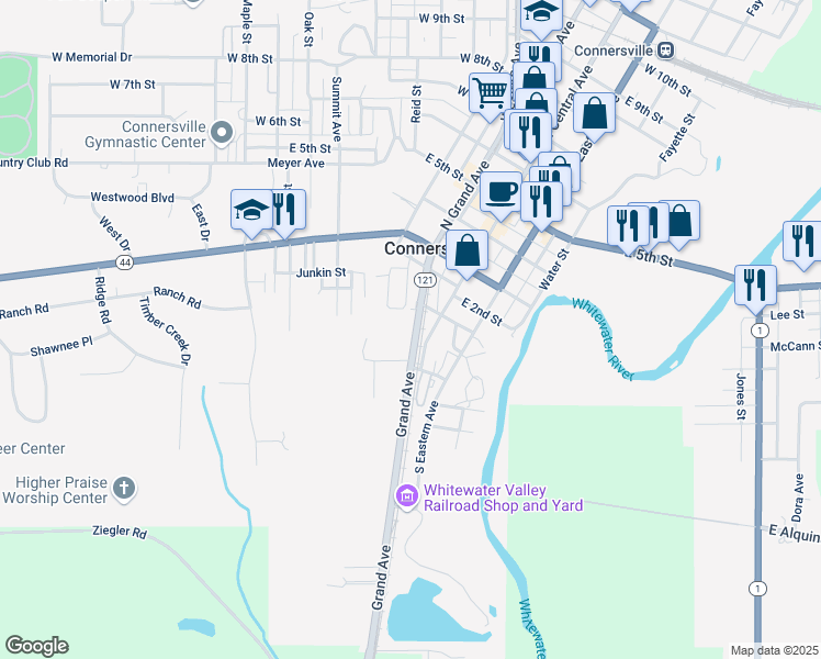map of restaurants, bars, coffee shops, grocery stores, and more near 123 South Grand Avenue in Connersville