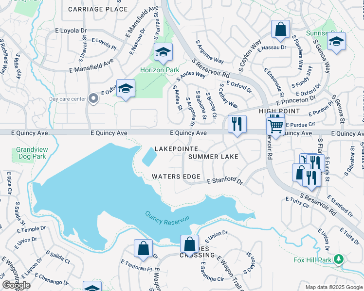 map of restaurants, bars, coffee shops, grocery stores, and more near 4300 South Andes Way in Aurora
