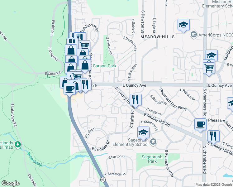 map of restaurants, bars, coffee shops, grocery stores, and more near 4391 South Billings Circle in Aurora