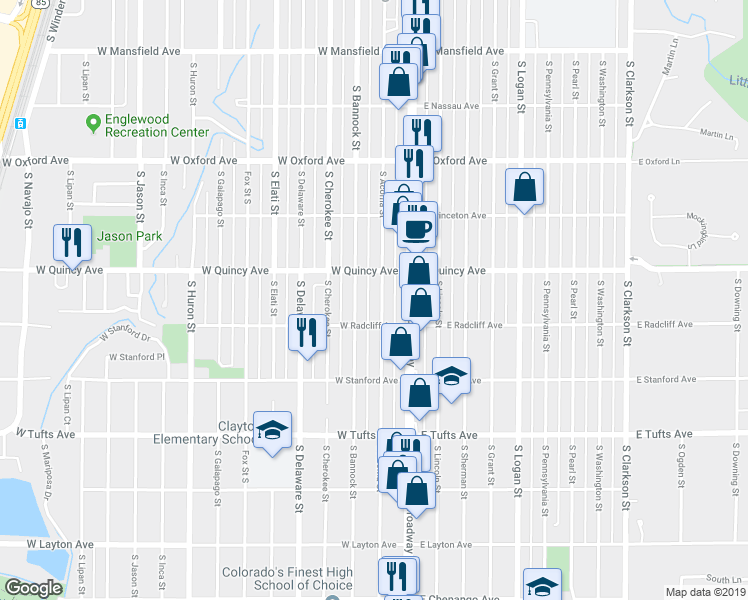 map of restaurants, bars, coffee shops, grocery stores, and more near 4381 South Acoma Street in Englewood
