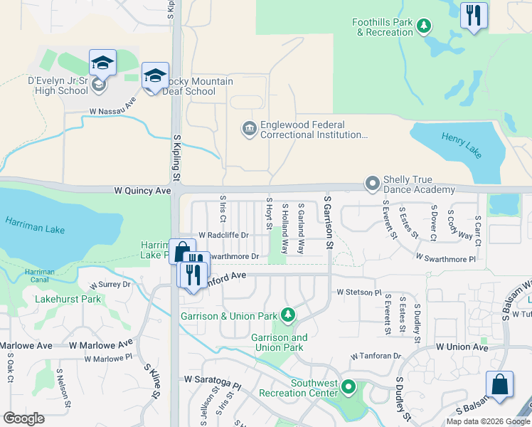 map of restaurants, bars, coffee shops, grocery stores, and more near 4366 South Independence Street in Littleton