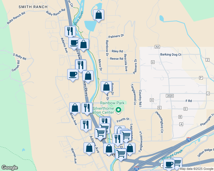 map of restaurants, bars, coffee shops, grocery stores, and more near 759 Boise Drive in Silverthorne