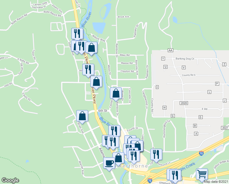 map of restaurants, bars, coffee shops, grocery stores, and more near 681 Rainbow Drive in Silverthorne