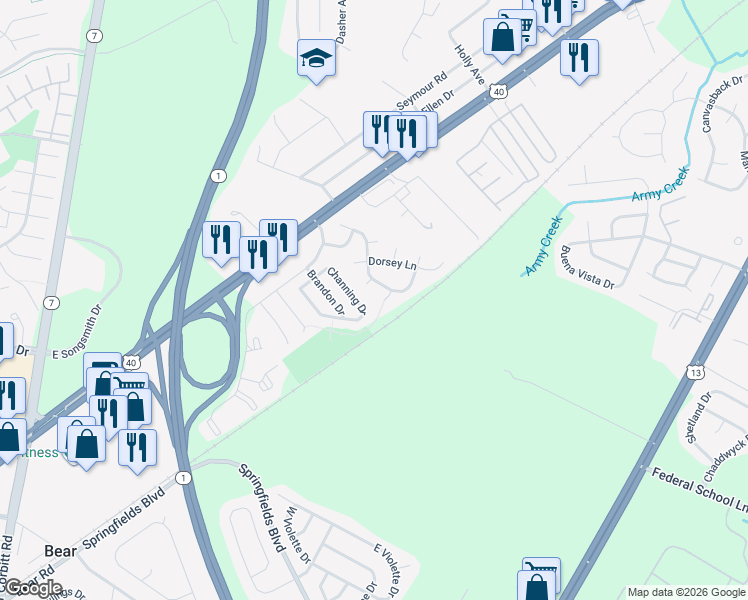 map of restaurants, bars, coffee shops, grocery stores, and more near 146 Channing Drive in Bear