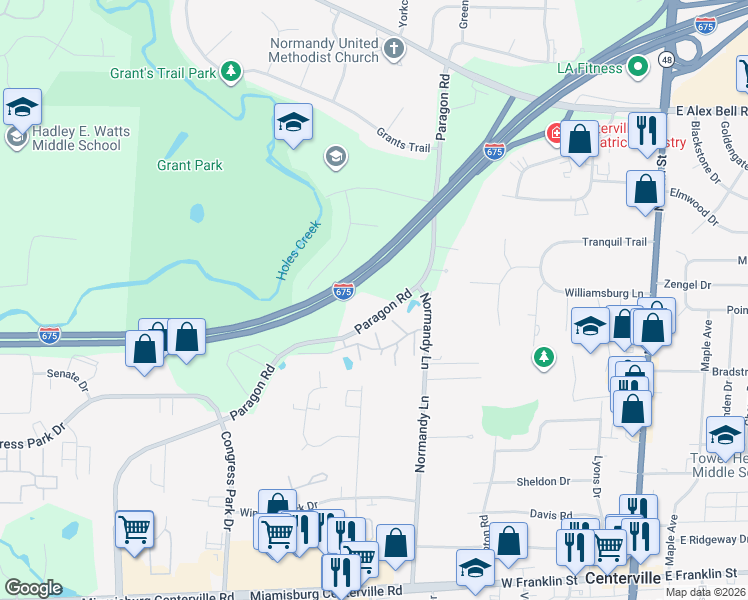 map of restaurants, bars, coffee shops, grocery stores, and more near 7199-7299 Paragon Road in Montgomery County