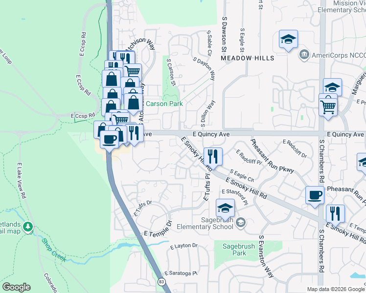 map of restaurants, bars, coffee shops, grocery stores, and more near 4391 South Billings Circle in Aurora