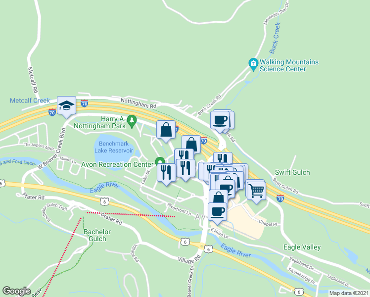 map of restaurants, bars, coffee shops, grocery stores, and more near 161 West Beaver Creek Boulevard in Avon
