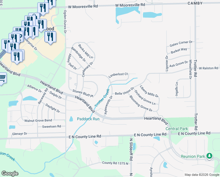 map of restaurants, bars, coffee shops, grocery stores, and more near 8630 Aylesworth Drive in Indianapolis
