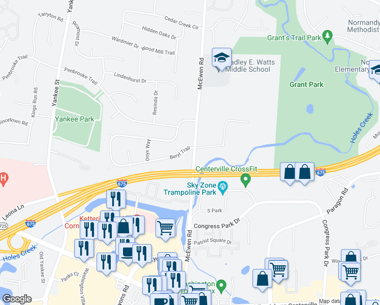 map of restaurants, bars, coffee shops, grocery stores, and more near 1000 Beryl Trail in Dayton