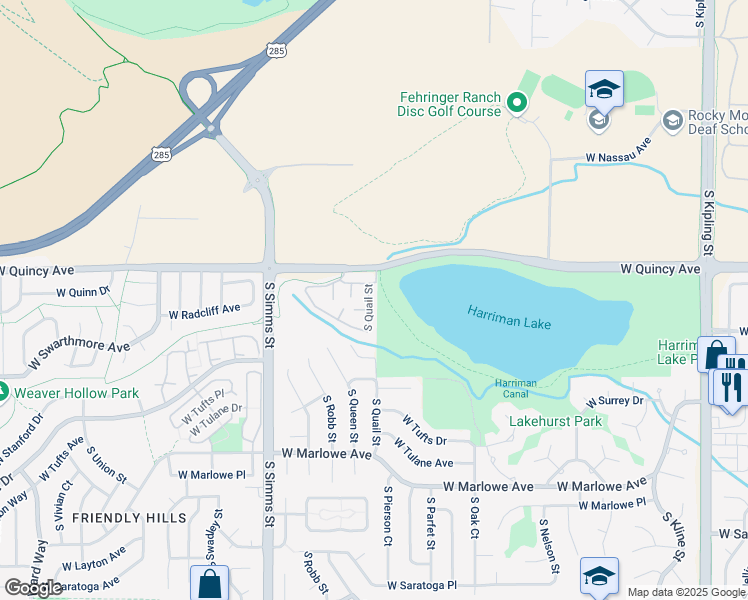 map of restaurants, bars, coffee shops, grocery stores, and more near 4358 South Quail Street in Littleton