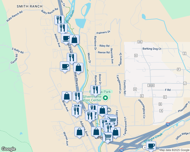 map of restaurants, bars, coffee shops, grocery stores, and more near 759 Boise Drive in Silverthorne